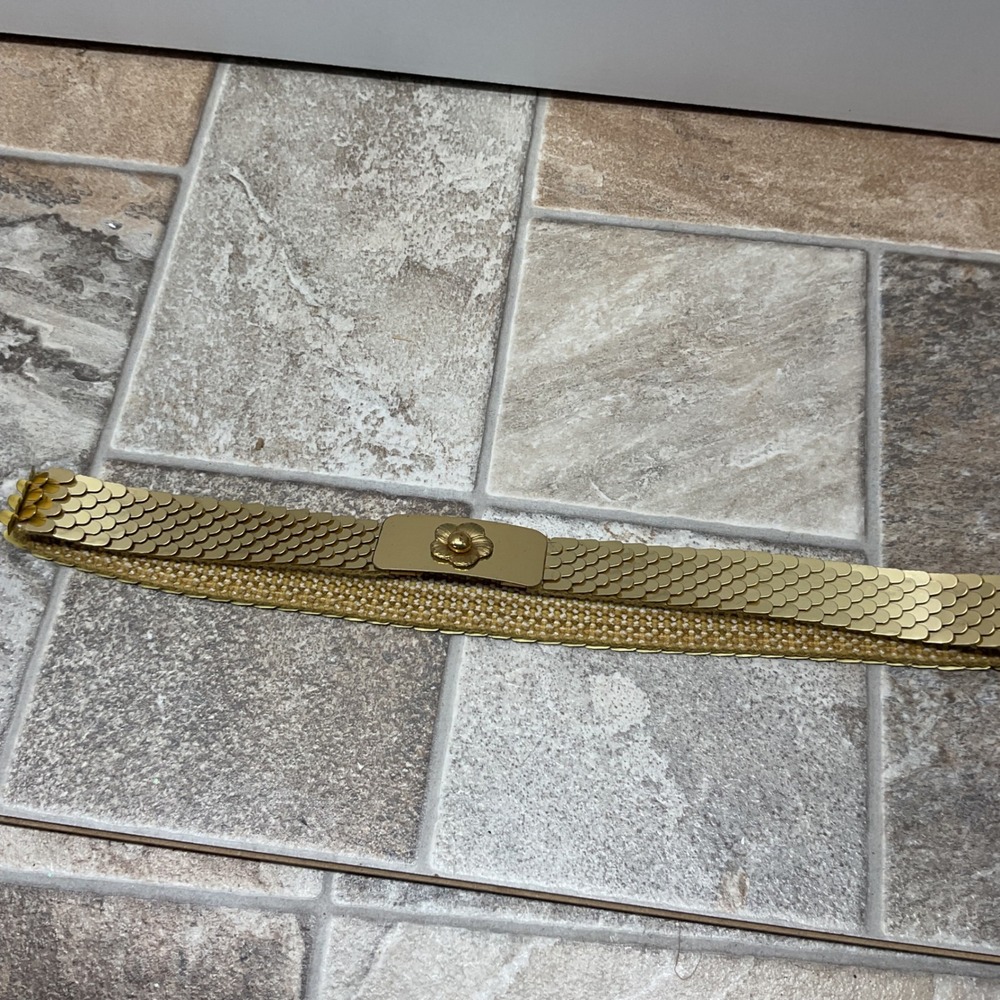 Vintage Gold Sequin Stretch Belt Mermaid Scale Floral Buckle Retro Disco 28in